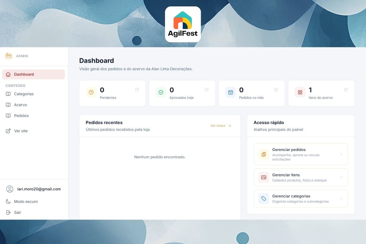 Dashboard da plataforma AgilFest